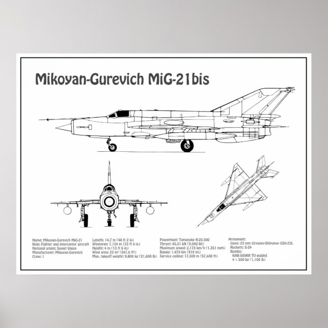 Poster MiG-21 bis - Planos de Blueprint do avião BD (Frente)