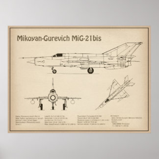Poster MiG-21 bis - Planos de Blueprint do avião SD