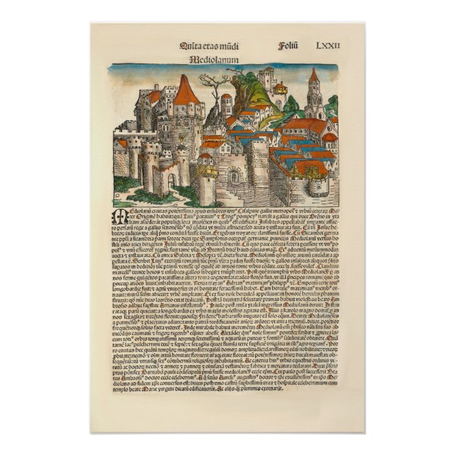 Póster Milan Itália 1493 Livro Antigo da Cronícula Mediev (Frente)