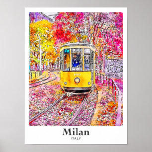 Poster Milão Itália Viagem Watercolor, Desenhado