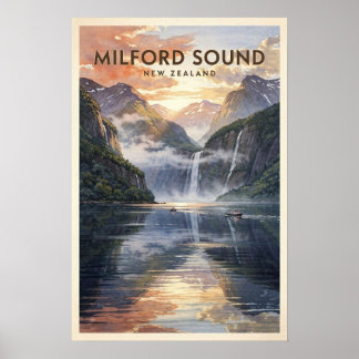 Poster Milford Sound Nova Zelândia Viagem Vintage