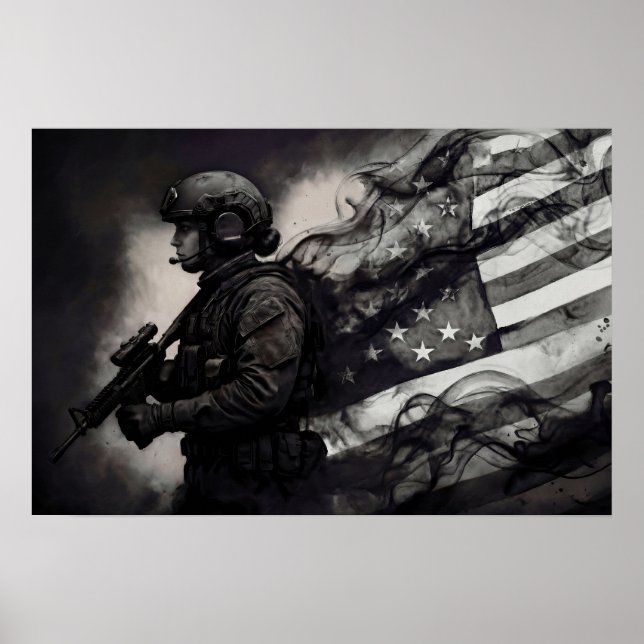 Poster Military Female American Flag Smoke Ink Monochrome (Frente)