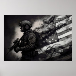 Poster Military Smoke Ink American Flag Black & White Art