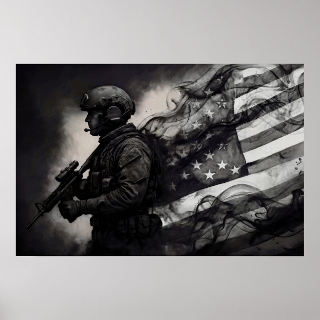 Poster Military Smoke Ink American Flag Black & White Art (Frente)