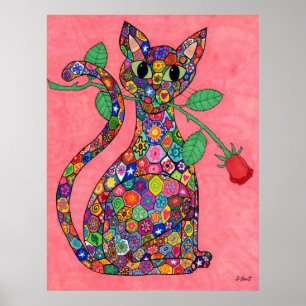 Póster Millefiori Cat com Rosa vermelha