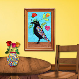 Póster Millefiori Crow com Rosas Coloridos Arte Folclóric