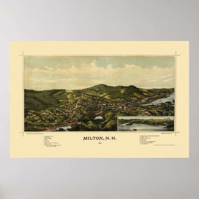 Póster Milton, Mapa Panorâmico NH - 1888 (Frente)