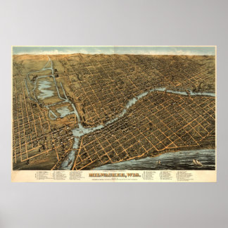 Póster Milwaukee birdseye map - 1872 (Bailey) BigMapBlog