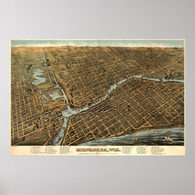 Póster Milwaukee birdseye map - 1872 (Bailey) BigMapBlog (Frente)
