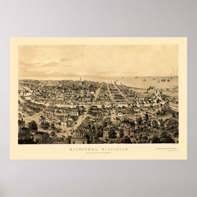 Póster Milwaukee, Mapa Panorâmico da I WI - 1854 (Frente)