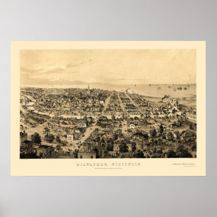 Póster Milwaukee, mapa panorâmico dos WI - 1854