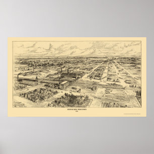 Póster Milwaukee, mapa panorâmico dos WI - 1906