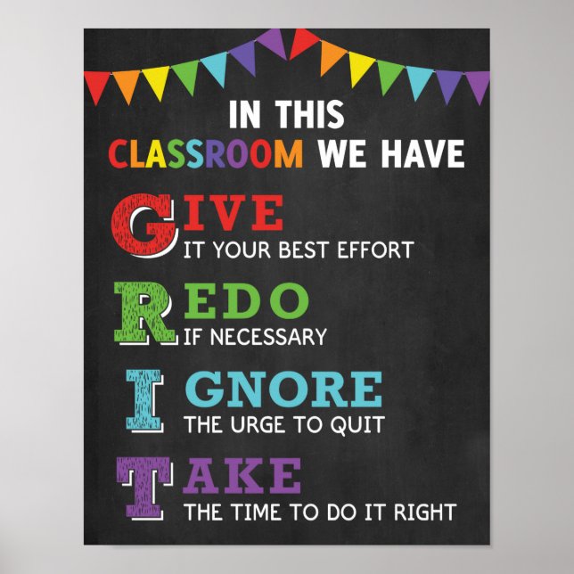 Poster Mindset de Crescimento da Sala de Aula GRIT (Frente)