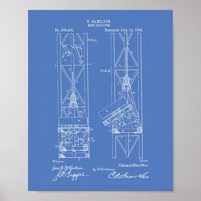Póster Mine Elevator 1892 Patent Art Blueprint (Frente)