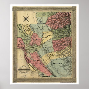 Póster Mineração no mapa de Califórnia - 1851