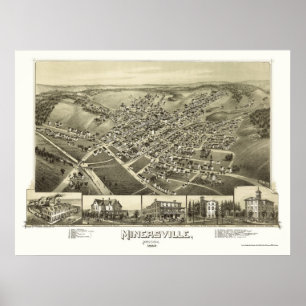 Poster Minersville, mapa panorâmico do PA - 1889
