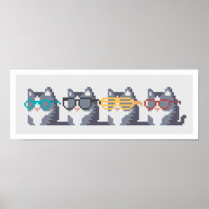 Póster Mini Cats With Glasses Row Pixel Art