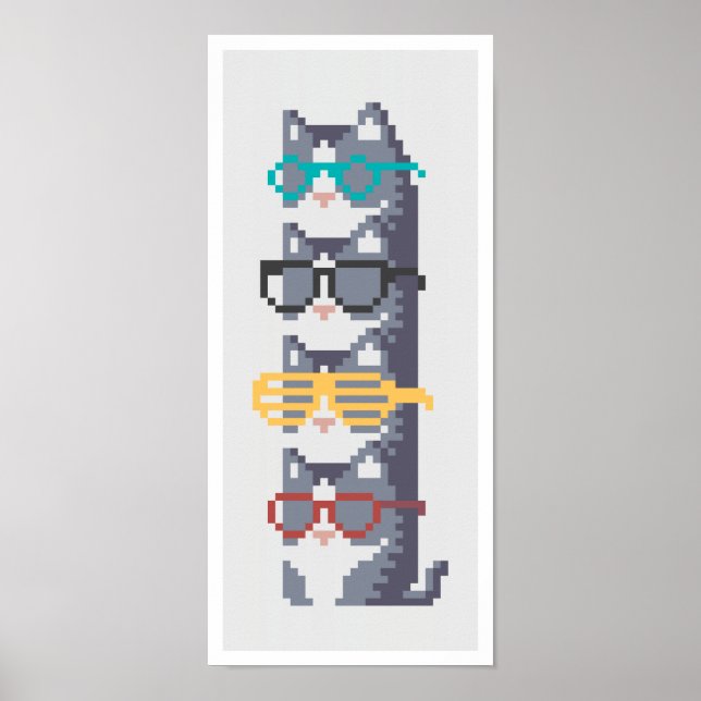 Póster Mini Gatos Nos Óculos Pilha Arte De Pixel (Frente)