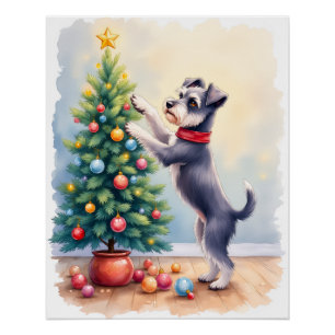 Póster Miniature Schnauzer decorando árvore de Natal cach