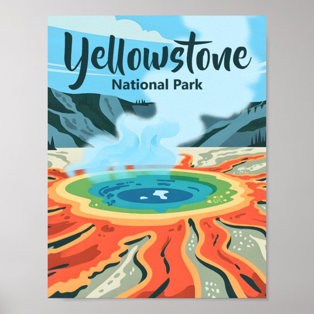 Poster Minimal Bold Retro Yellowstone Rainbow Hot Spring (Frente)