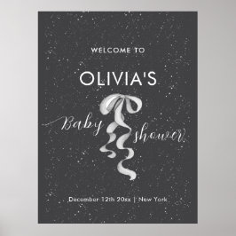 Poster Minimal Silver Bow Winter Snow Baby Shower Welcome