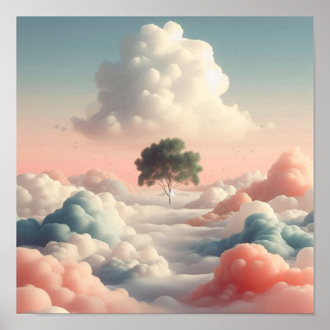 Poster Minimal Surreal Tree Above Soft Pastel Clouds (Frente)