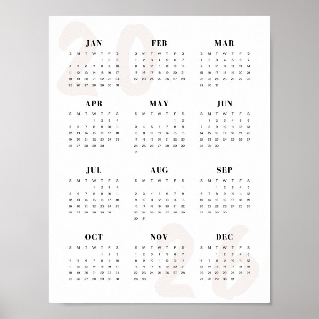 Poster Minimalist 2026 One-Page Calendar Clean Modern  (Frente)