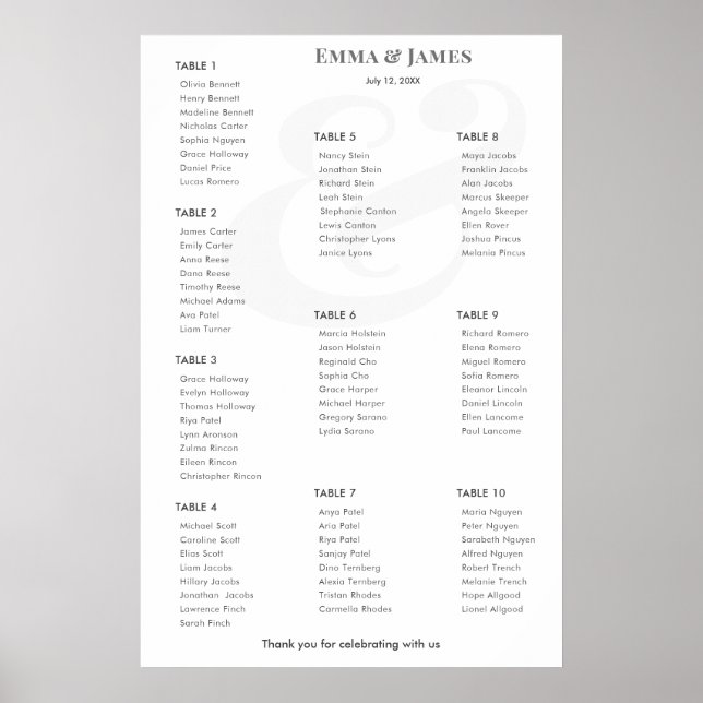 Poster Minimalist Ampersand Wedding | Seating Chart | 10 (Frente)