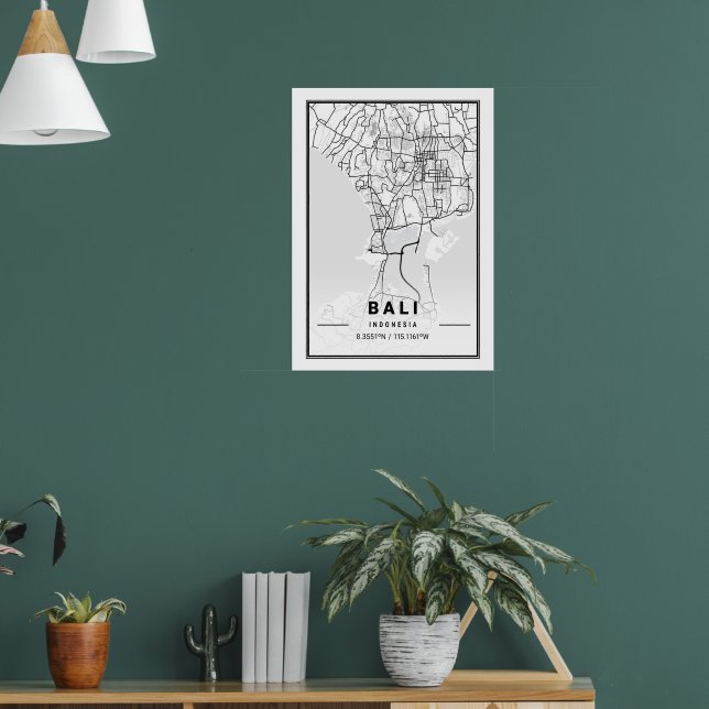 Poster Minimalist Black & White Bali City Map  (Sala de Estar 1)