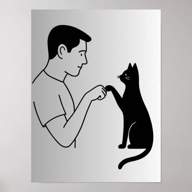 Poster Minimalist Cat Fist Bump Line Art  (Frente)