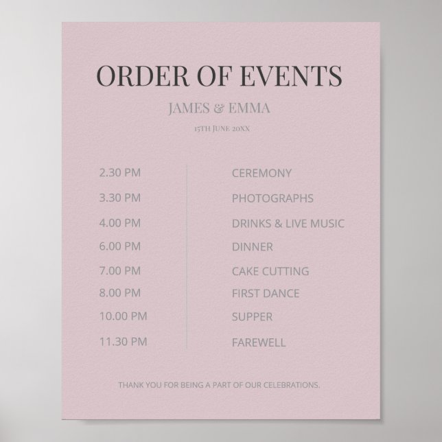 Poster Minimalist Wedding Order of Events Dusky Rose (Frente)