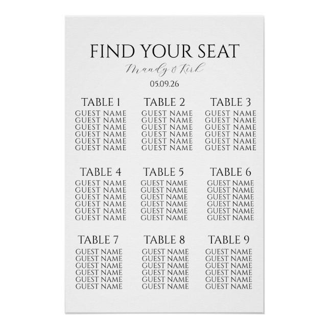Póster Minimalist Wedding Seating Chart | Custom Modern  (Frente)