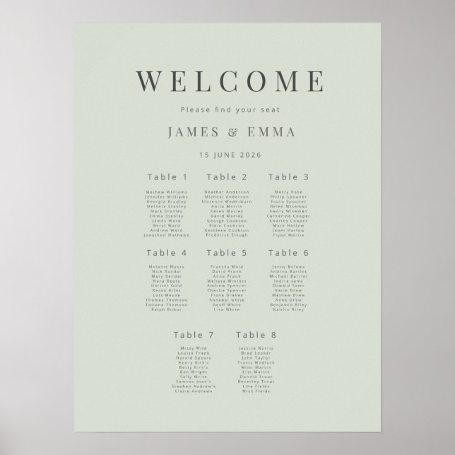 Poster Minimalist Wedding Seating Plan(8) Pale Sage (Frente)