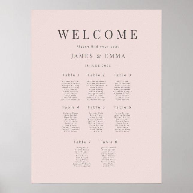 Poster Minimalist Wedding Seating Plan (8) Warm Blush (Frente)