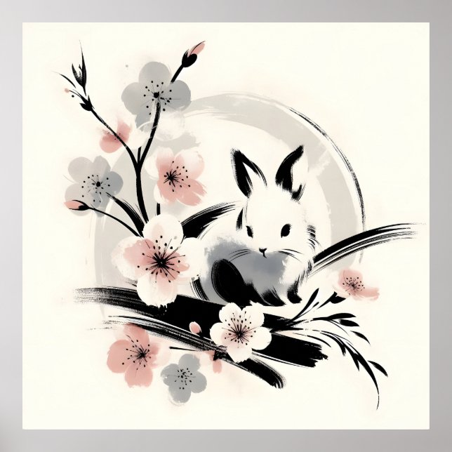 Poster Minimalist Zen Ink Bunny Cherry Blossoms (Frente)