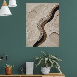 Poster Minimalista Abstrato Bege Preto & Dourado Texturiz