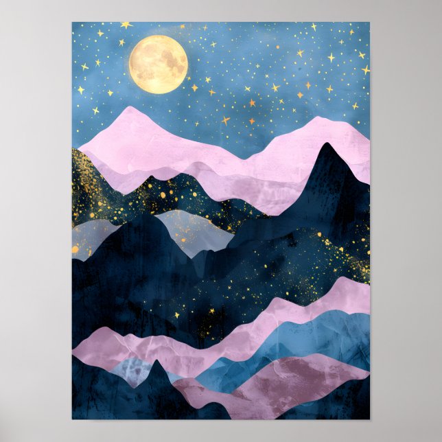 Poster Minimalista Lua Estrelas Montanha Celestial Vale (Frente)