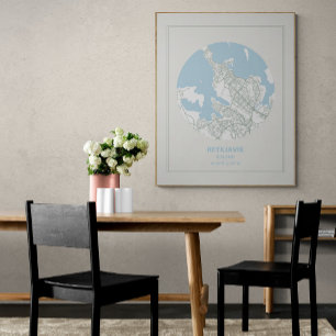 Poster Minimalista Pastel Blue Map Art Reykjavik Islândia