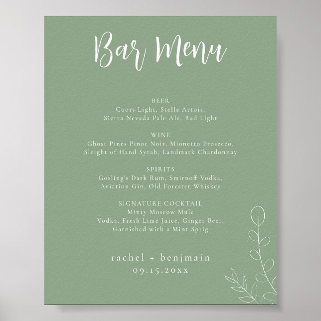 Poster Mínimo Botânico de Casamento Verde do Menu do bar (Frente)