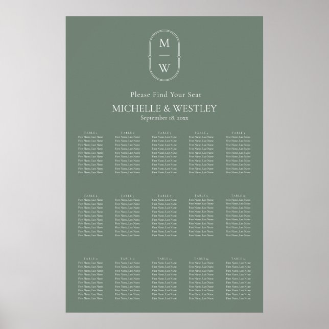 Poster Mínimo de Monograma Sage Green Wedding Seating Cha (Frente)