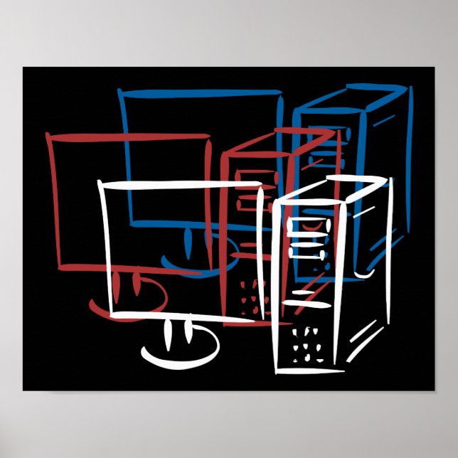 Póster Mínimo triplo de computadores brancos azuis vermel (Frente)
