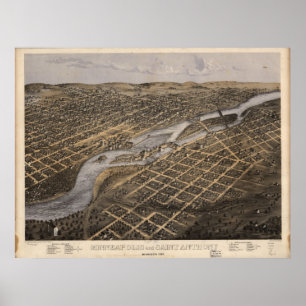 Póster Minneapolis 1867 & St Paul, mapa panorâmico do