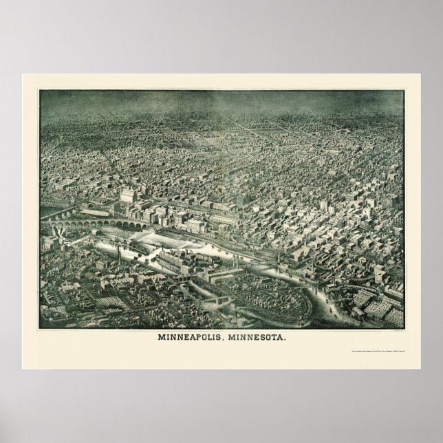 Póster Minneapolis, Mapa Panorâmico MN - 1879 (Frente)