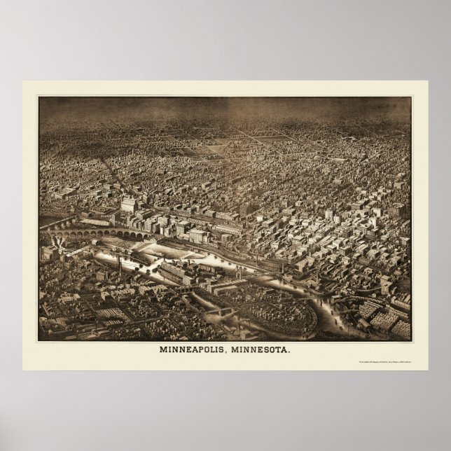 Póster Minneapolis, Mapa Panorâmico MN - 1885 (Frente)