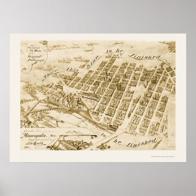 Póster Minneapolis, Mapa Panorâmico MN - 1891 (Frente)