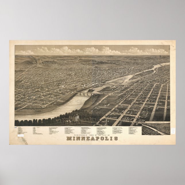 Póster Minneapolis Minnesota 1879 Mapa Panorâmico Antiqua (Frente)