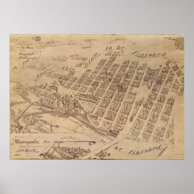 Póster Minneapolis Minnesota 1891 Mapa Panorâmico Antiqua (Frente)