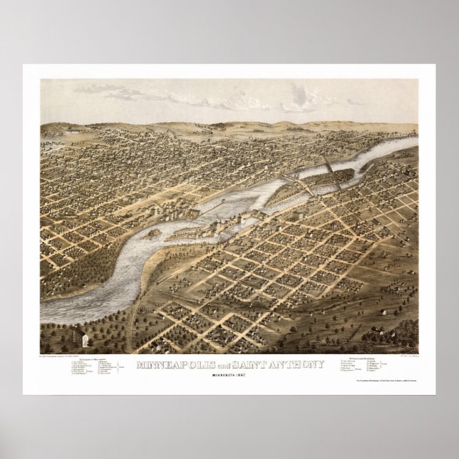 Póster Minneapolis & Ruas. Anthony, Mapa Panorâmico MN -  (Frente)