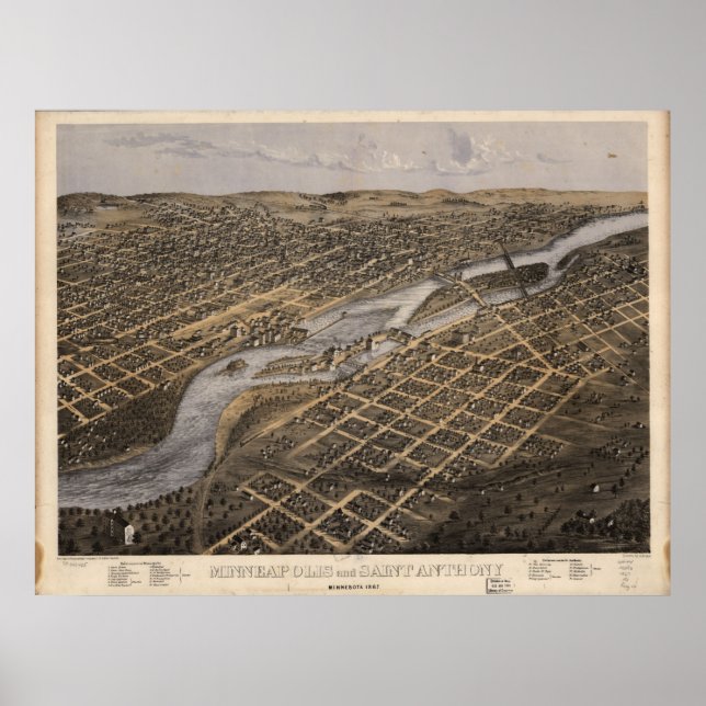 Póster Minneapolis & Ruas de 1867. Paul , Mapa Panorâmico (Frente)