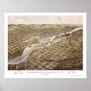Póster Minneapolis & St Anthony, mapa panorâmico do